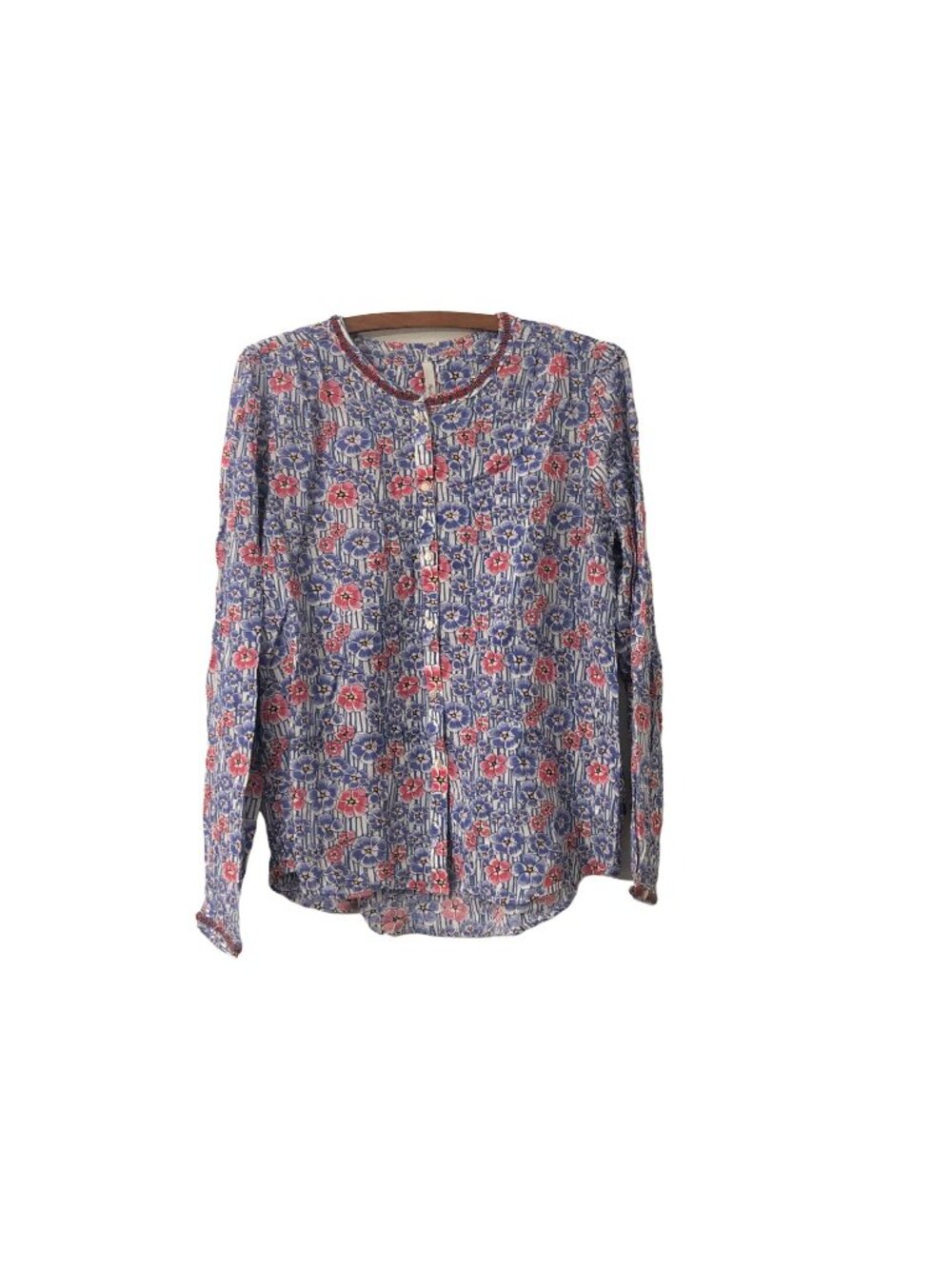 Pepe Jeans Womens Floral Bead Collar Sleeve Trim Button Shirt Size Small